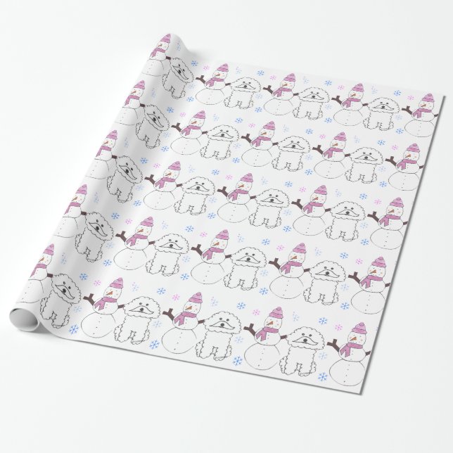 Bichon Frise And Snowman Wrapping Paper (Unrolled)