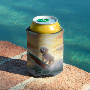 Bichon Frise Beach Surfing Painting Can Cooler