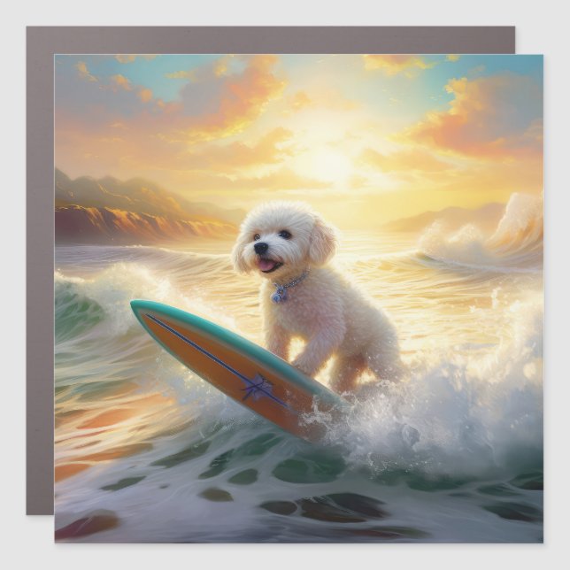 Bichon Frise Beach Surfing Painting  Car Magnet (Front)