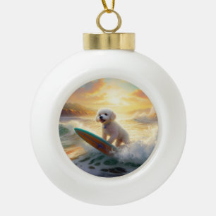 Bichon Frise Beach Surfing Painting Ceramic Ball Christmas Ornament