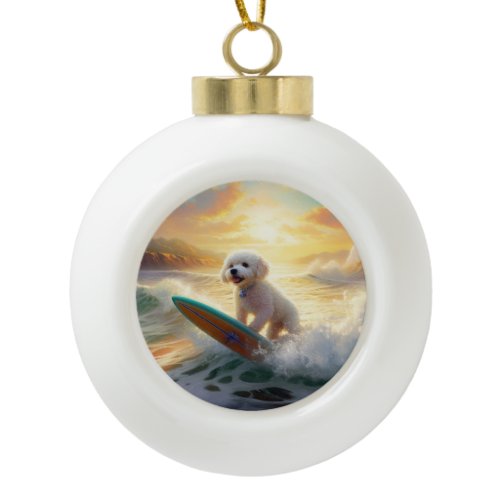 Bichon Frise Beach Surfing Painting  Ceramic Ball Christmas Ornament