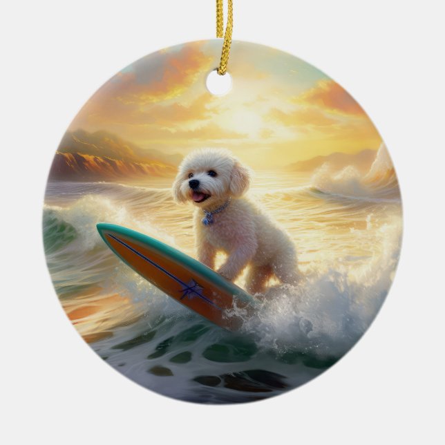 Bichon Frise Beach Surfing Painting  Ceramic Ornament (Front)