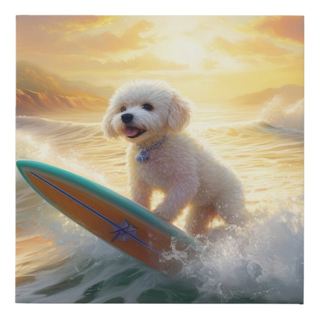 Bichon Frise Beach Surfing Painting  Faux Canvas Print (Front)