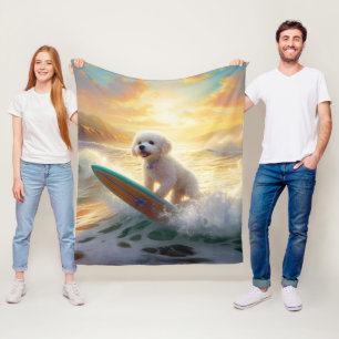 Bichon Frise Beach Surfing Painting Fleece Blanket