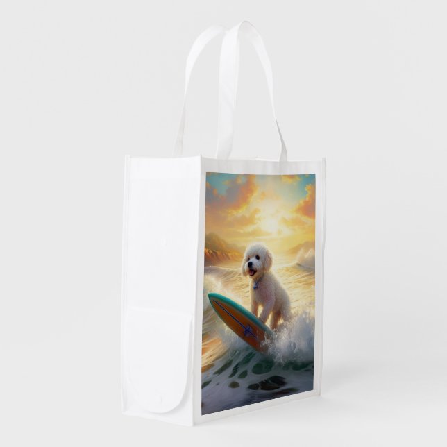 Bichon Frise Beach Surfing Painting  Grocery Bag (Front Side)