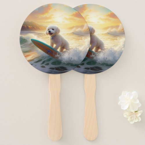 Bichon Frise Beach Surfing Painting  Hand Fan