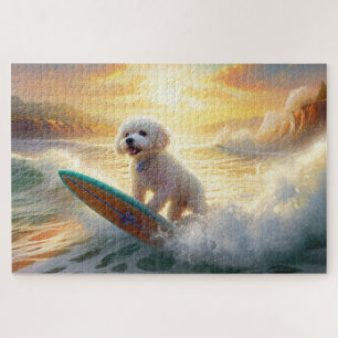 Bichon Frise Beach Surfing Painting Jigsaw Puzzle