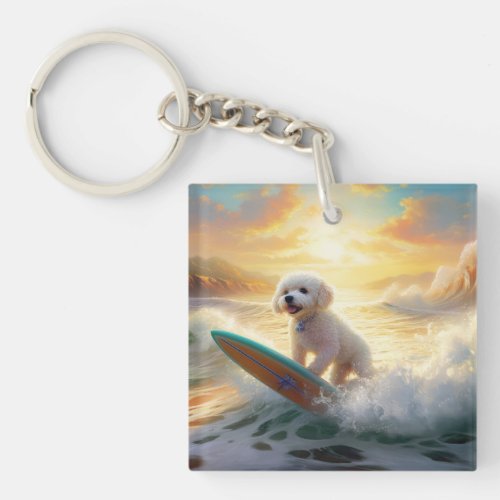 Bichon Frise Beach Surfing Painting  Keychain