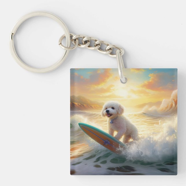 Bichon Frise Beach Surfing Painting  Keychain (Front)