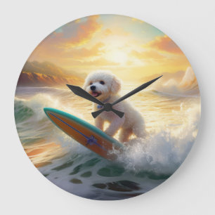 Bichon Frise Beach Surfing Painting Large Clock
