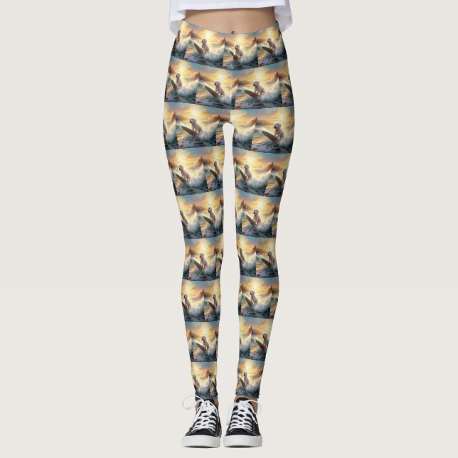 Bichon Frise Beach Surfing Painting  Leggings (Front)