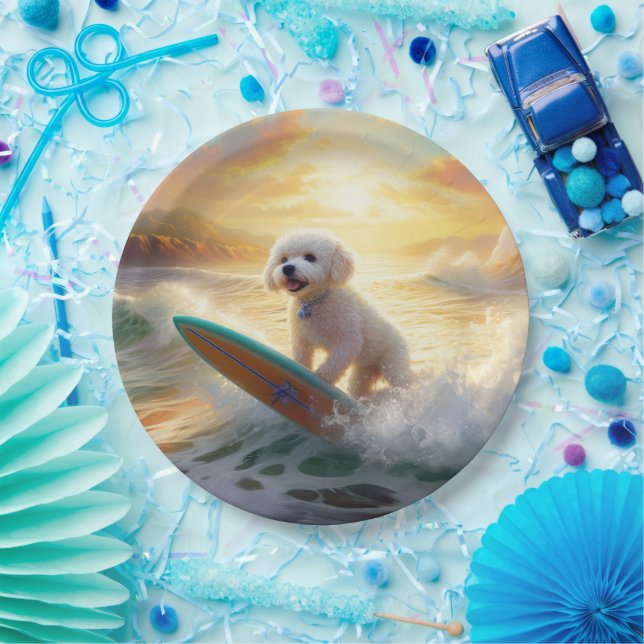 Bichon Frise Beach Surfing Painting  Paper Plates (Party)