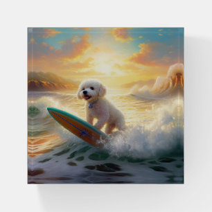 Bichon Frise Beach Surfing Painting  Paperweight