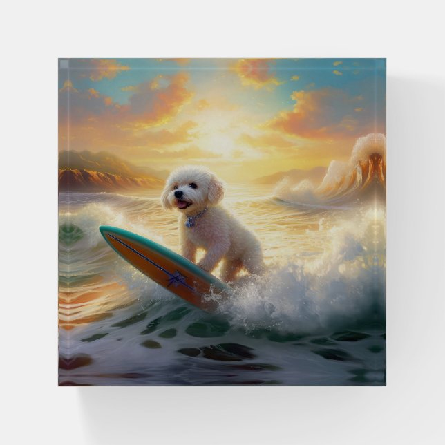 Bichon Frise Beach Surfing Painting  Paperweight (Front)
