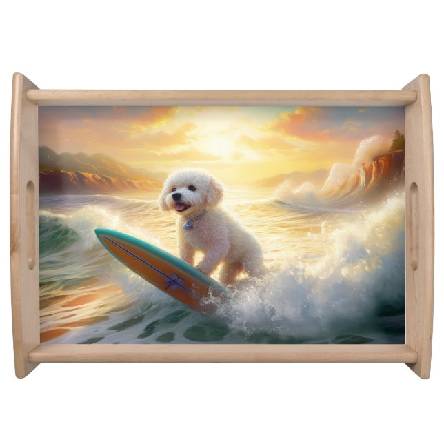 Bichon Frise Beach Surfing Painting  Serving Tray (Front)