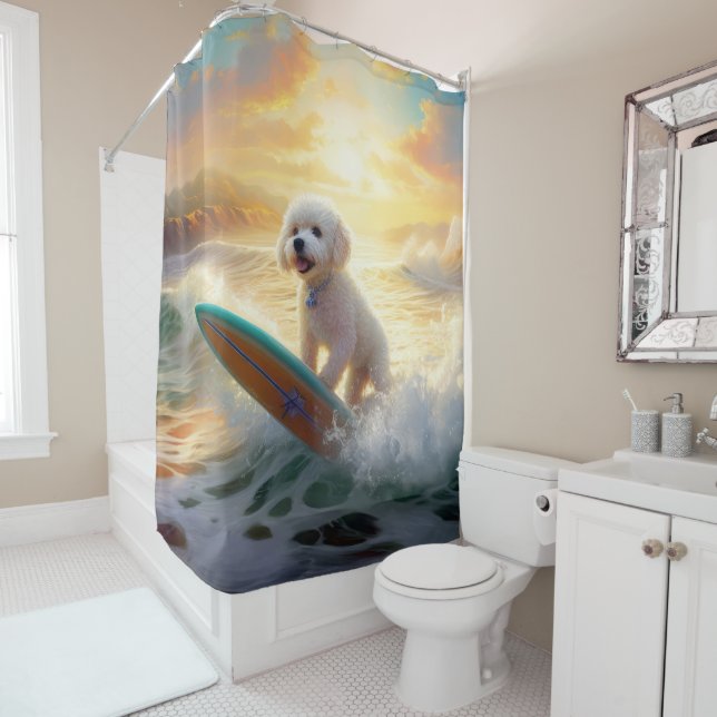 Bichon Frise Beach Surfing Painting  Shower Curtain (In Situ)
