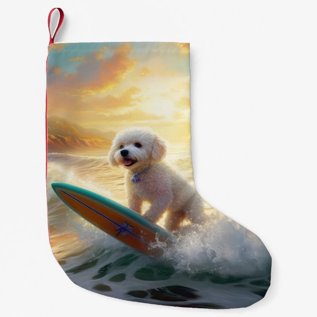 Bichon Frise Beach Surfing Painting  Small Christmas Stocking (Front)