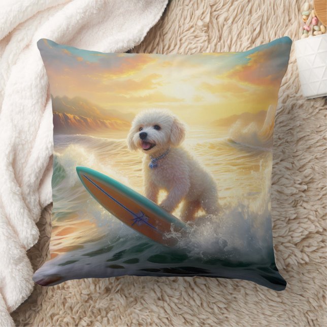 Bichon Frise Beach Surfing Painting  Throw Pillow (Blanket)