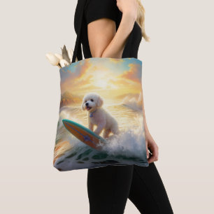 Bichon Frise Beach Surfing Painting Tote Bag