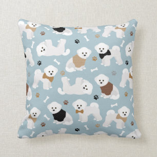 Bichon Frise Bones and Paws Blue Throw Pillow