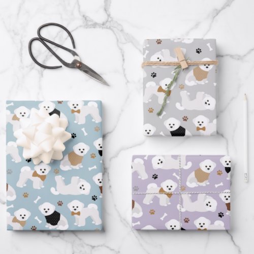 Bichon Frise Bones and Paws Gray Blue Purple Wrapping Paper Sheets
