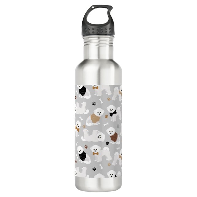 Bichon Frise Bones and Paws Gray Stainless Steel Water Bottle (Front)