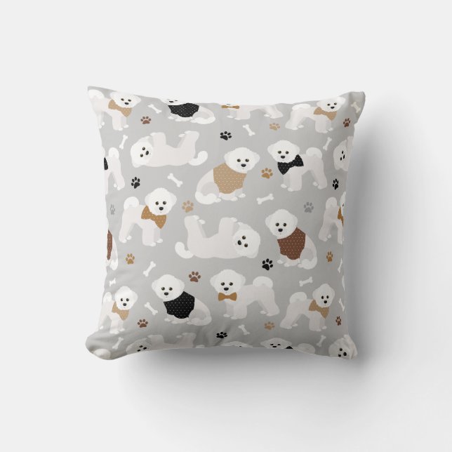 Bichon Frise Bones and Paws Gray Throw Pillow (Front)