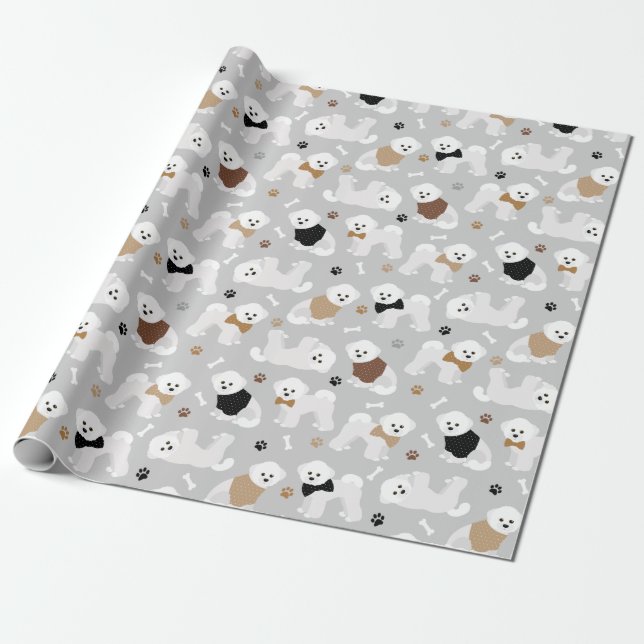 Bichon Frise Bones and Paws Gray Wrapping Paper (Unrolled)