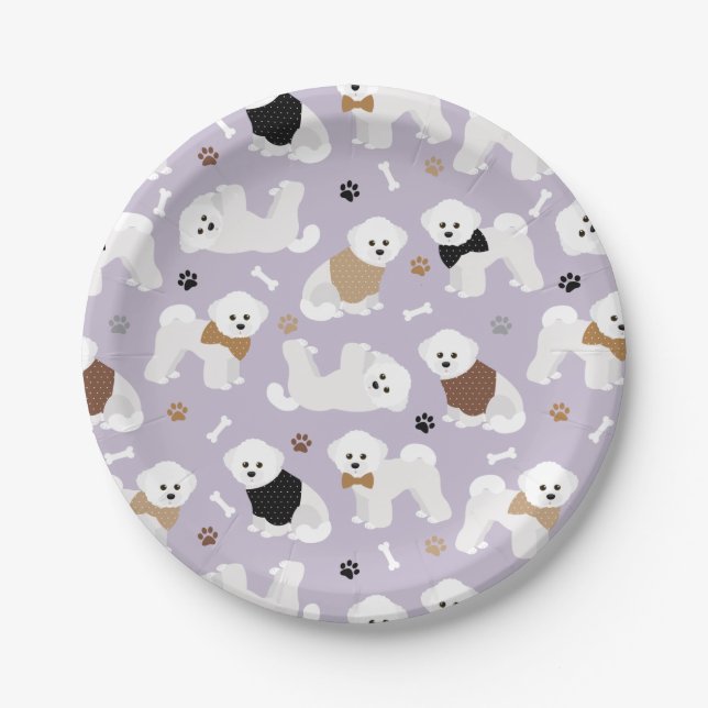 Bichon Frise Bones and Paws Purple Paper Plates (Front)