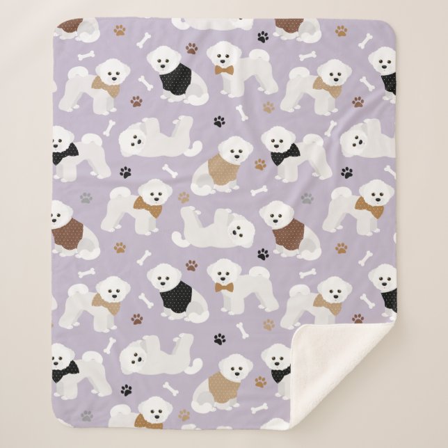 Bichon Frise Bones and Paws Purple Sherpa Blanket (Front)