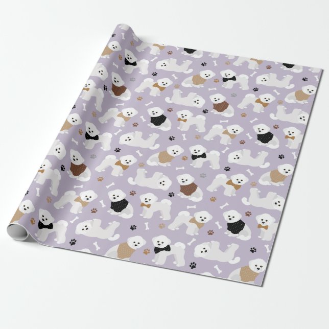 Bichon Frise Bones and Paws Purple Wrapping Paper (Unrolled)