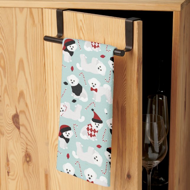 Bichon Frise Christmas Blue Kitchen Towel (Thirds Fold)