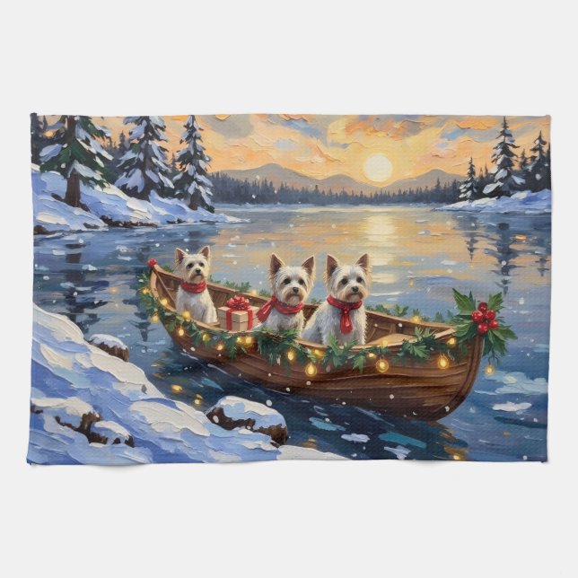 Bichon Frise Christmas Boat Holiday Kitchen Towel (Horizontal)
