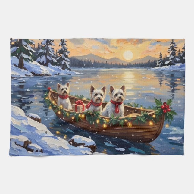 Bichon Frise Christmas Boat Holiday Kitchen Towel (Horizontal)