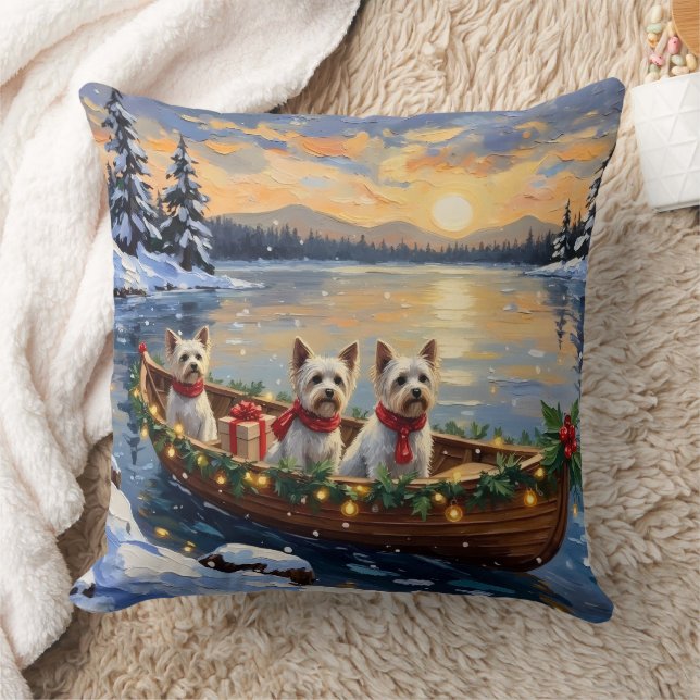 Bichon Frise Christmas Boat Holiday Throw Pillow (Blanket)