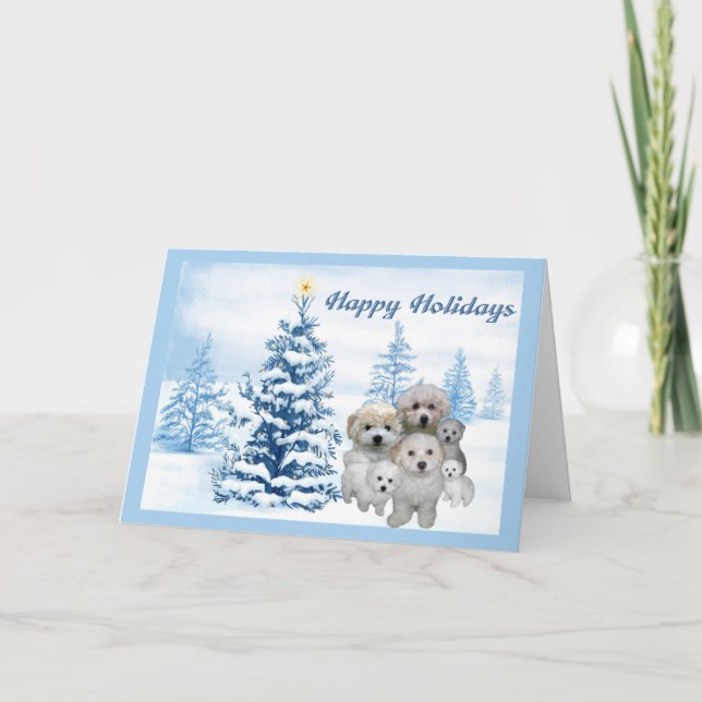 Bichon Frise Christmas Card Blue Tree (Front)
