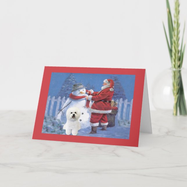Bichon Frise Christmas Card Santa and Snowman (Front)