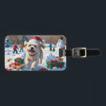 Bichon Frise Christmas Festive Snow Scene Luggage Tag<br><div class="desc">A heartwarming holiday illustration featuring a cheerful dog playing in the snow,  wearing a Santa hat and surrounded by colorful gift boxes. In the background,  children build a snowman beside a snow-covered Christmas tree,  creating a joyful winter wonderland. Perfect for spreading holiday cheer and capturing the magic of Christmas.</div>