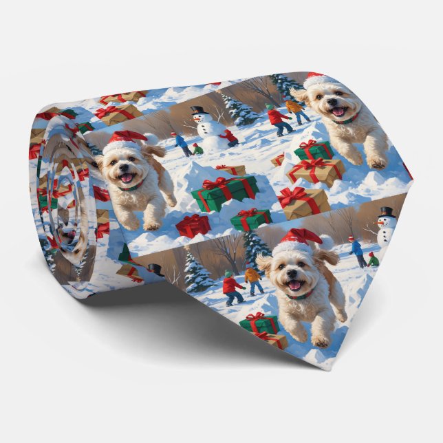 Bichon Frise Christmas Festive Snow Scene Neck Tie (Rolled)