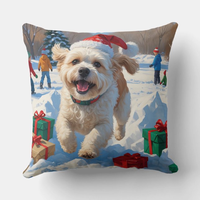 Bichon Frise Christmas Festive Snow Scene Throw Pillow (Back)