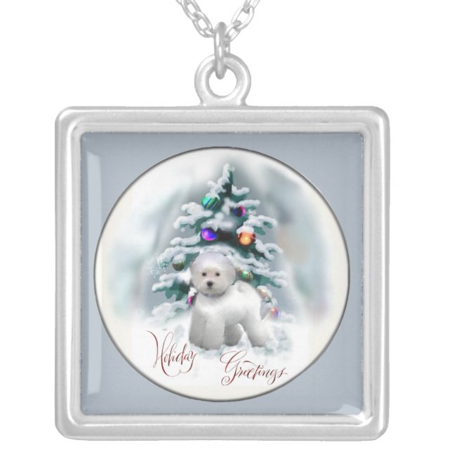 Bichon Frise Christmas Gifts Silver Plated Necklace (Front)