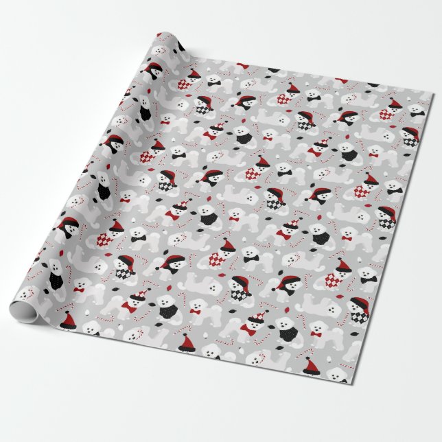 Bichon Frise Christmas Gray Wrapping Paper (Unrolled)