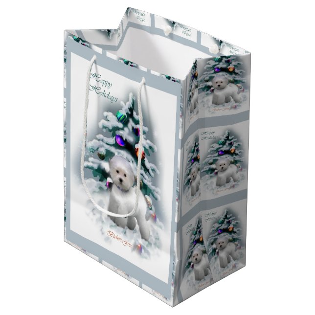 Bichon Frise Christmas Medium Gift Bag (Front Angled)