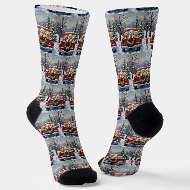 Bichon Frise Christmas Red Truck Holiday Socks (Angled)