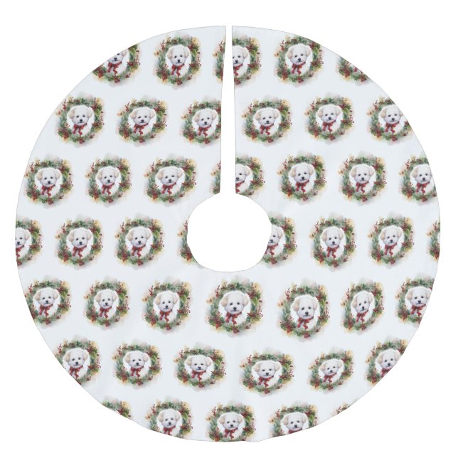 Bichon Frise Christmas Wreath Festive Pup Brushed Polyester Tree Skirt (Front)