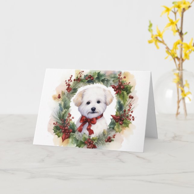 Bichon Frise Christmas Wreath Festive Pup Card (Yellow Flower)