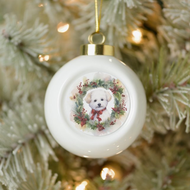 Bichon Frise Christmas Wreath Festive Pup Ceramic Ball Christmas Ornament (Tree)