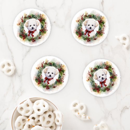 Bichon Frise Christmas Wreath Festive Pup Coaster Set