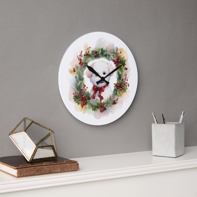 Bichon Frise Christmas Wreath Festive Pup Large Clock (Office)