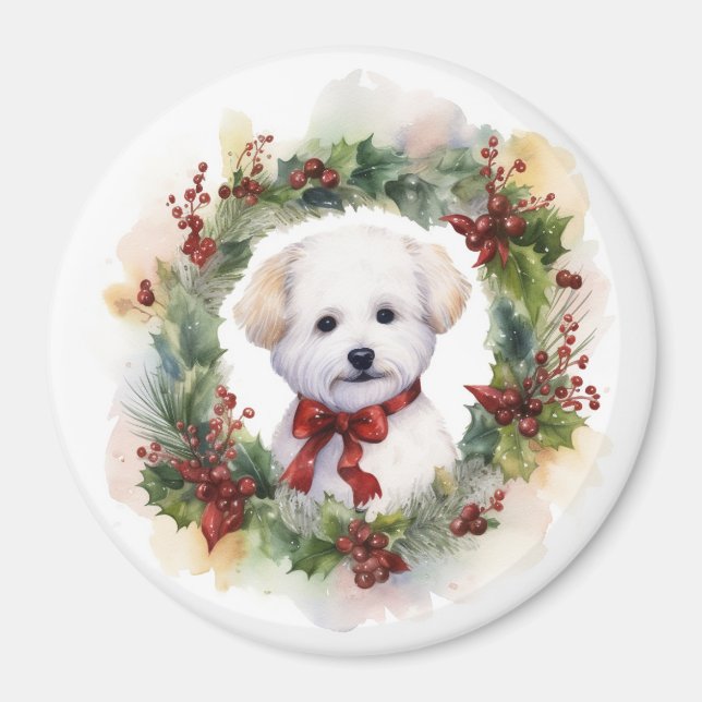Bichon Frise Christmas Wreath Festive Pup Magnet (Front)